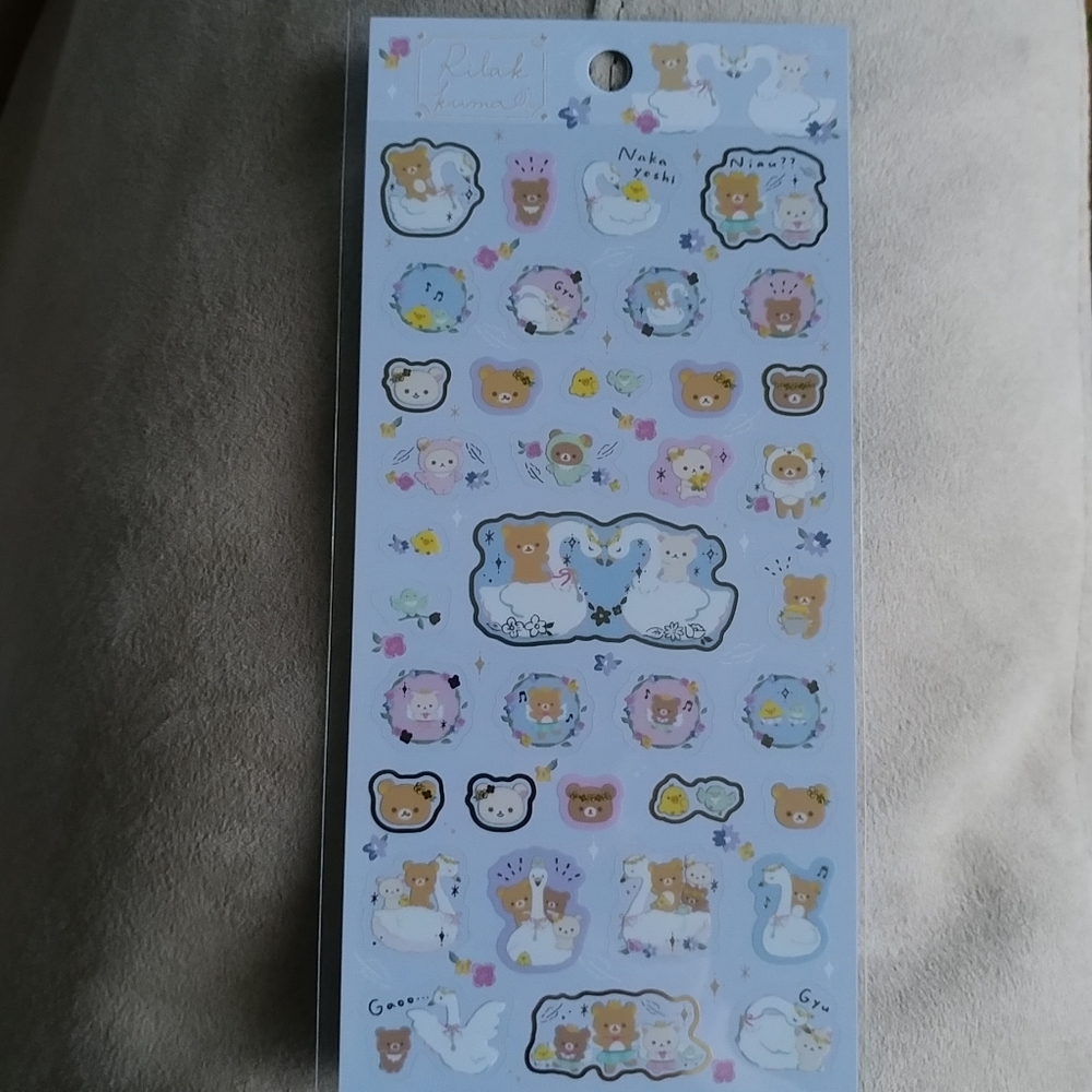 San-X Rilakkuma Swan & Golden Flower clear stickers with gold foil - Blue